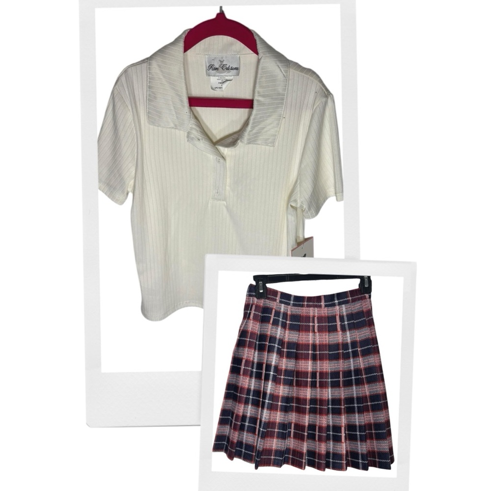 Rare Editions New White Ribbed Shirt and‎ Plaid Pleated Skirt Set Girls Size 12